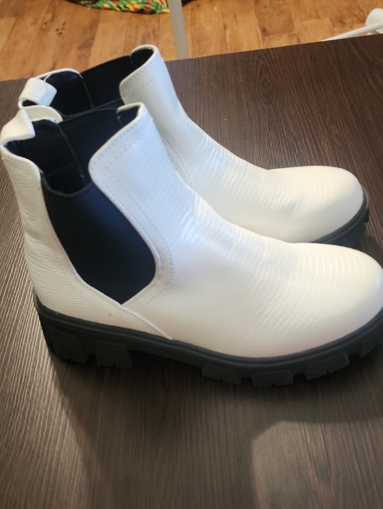 no brand Shoes - Women's White Chelsea Lug Bootie with Black Elastic Panels